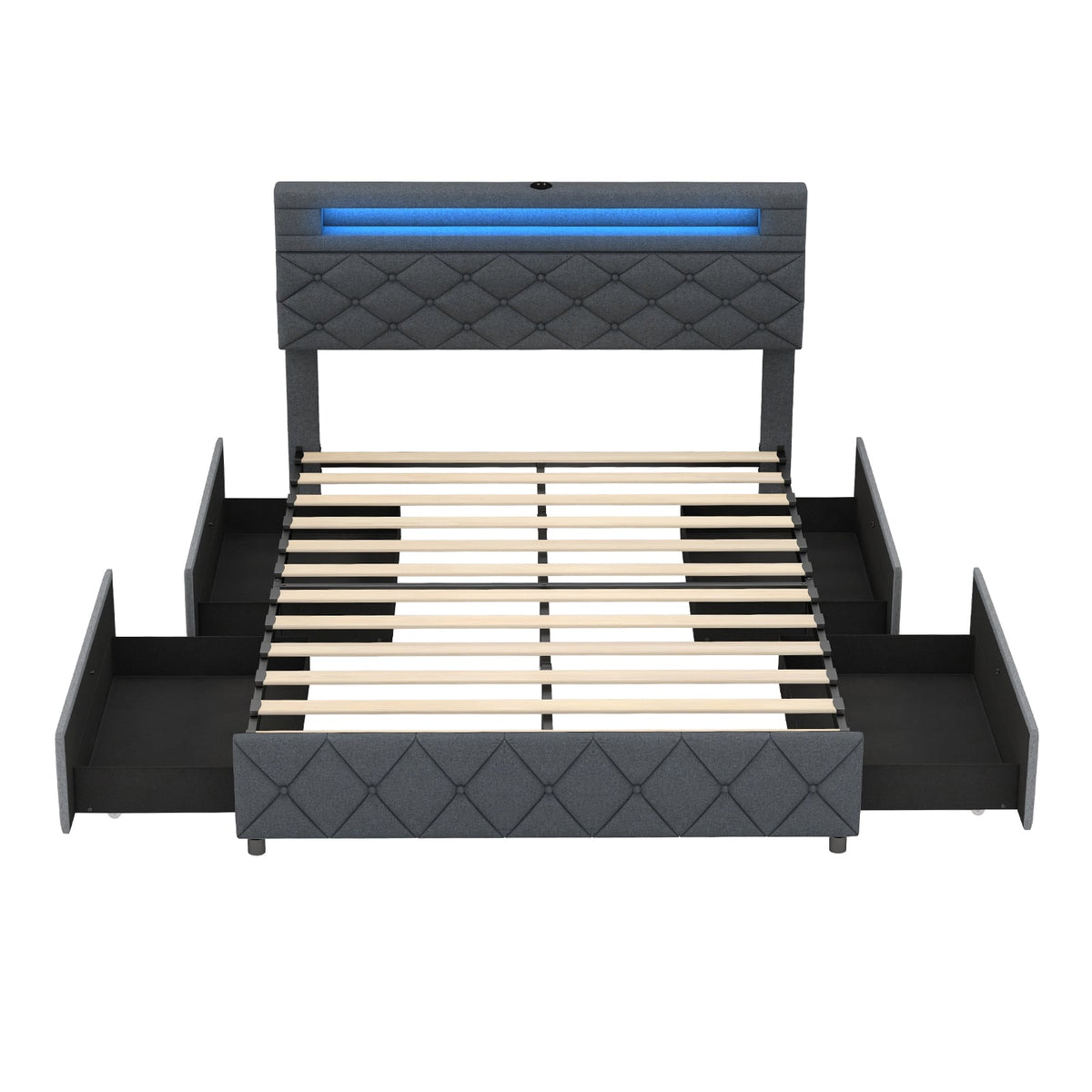 Full/Queen Size Bed Frame with Adjustable Storage Headboard and Wooden Slat Support-Full-Simple Bed Frame-DECOROLALA