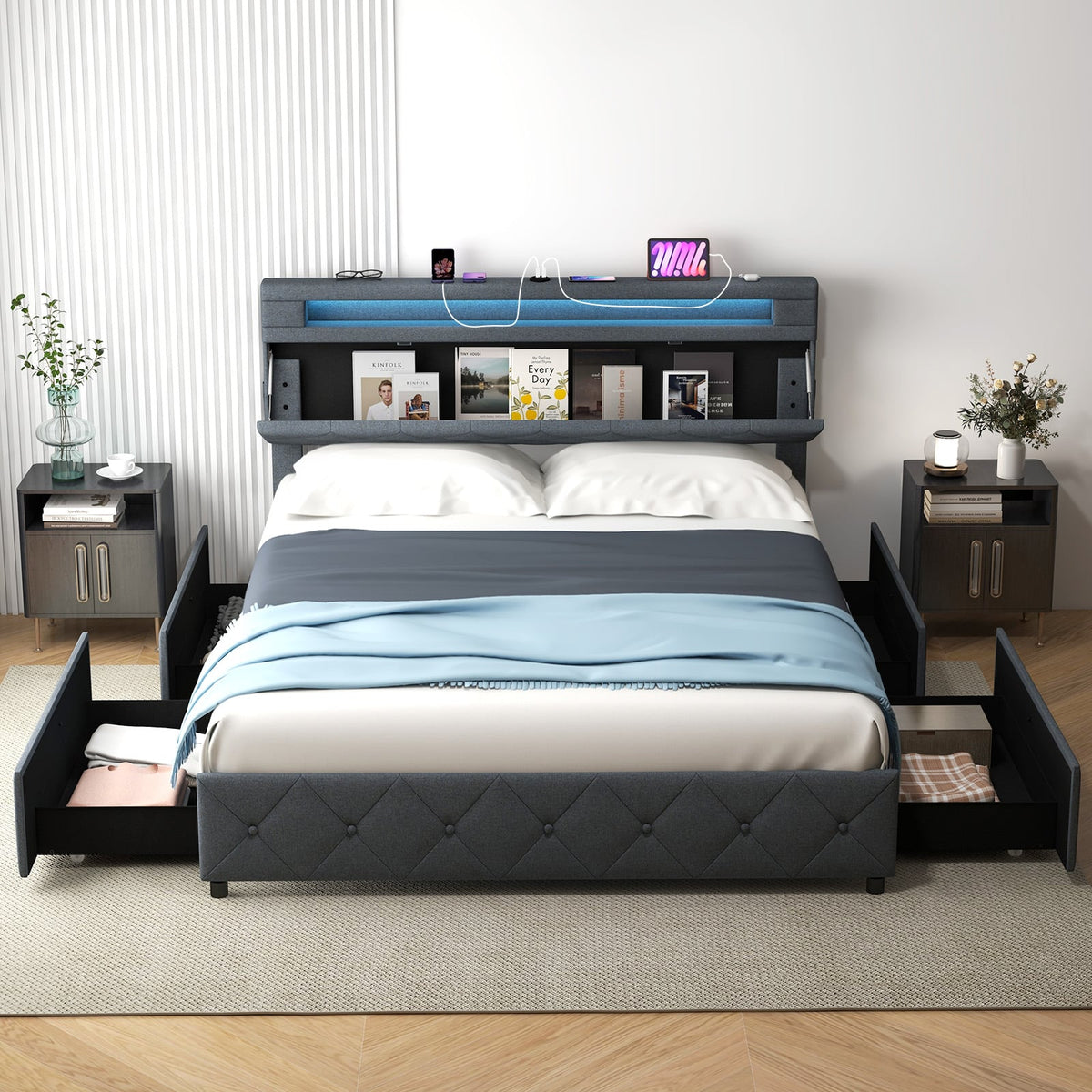 Full/Queen Size Bed Frame with Adjustable Storage Headboard and Wooden Slat Support-Queen Size-Simple Bed Frame-DECOROLALA