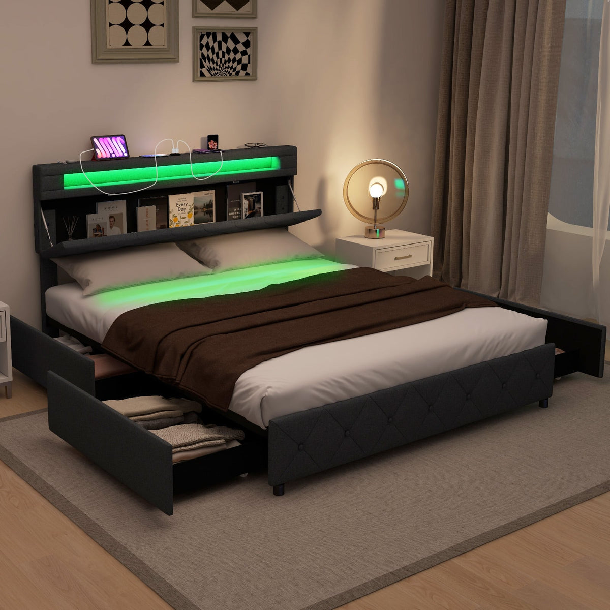 Full/Queen Size Bed Frame with Adjustable Storage Headboard and Wooden Slat Support-Queen Size-Simple Bed Frame-DECOROLALA