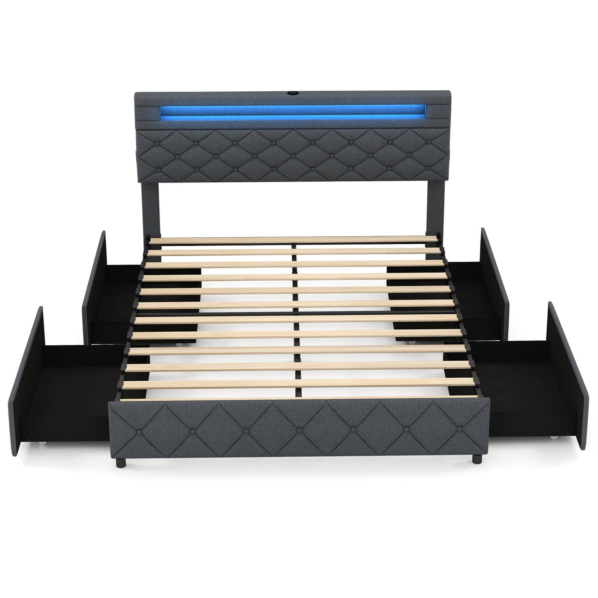 Full/Queen Size Bed Frame with Adjustable Storage Headboard and Wooden Slat Support-Queen Size-Simple Bed Frame-DECOROLALA