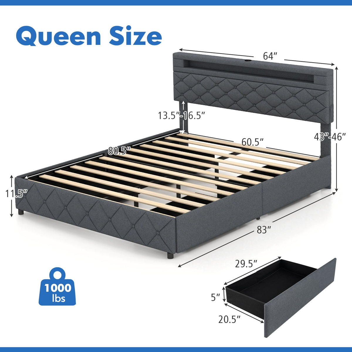 Full/Queen Size Bed Frame with Adjustable Storage Headboard and Wooden Slat Support-Queen Size-Simple Bed Frame-DECOROLALA