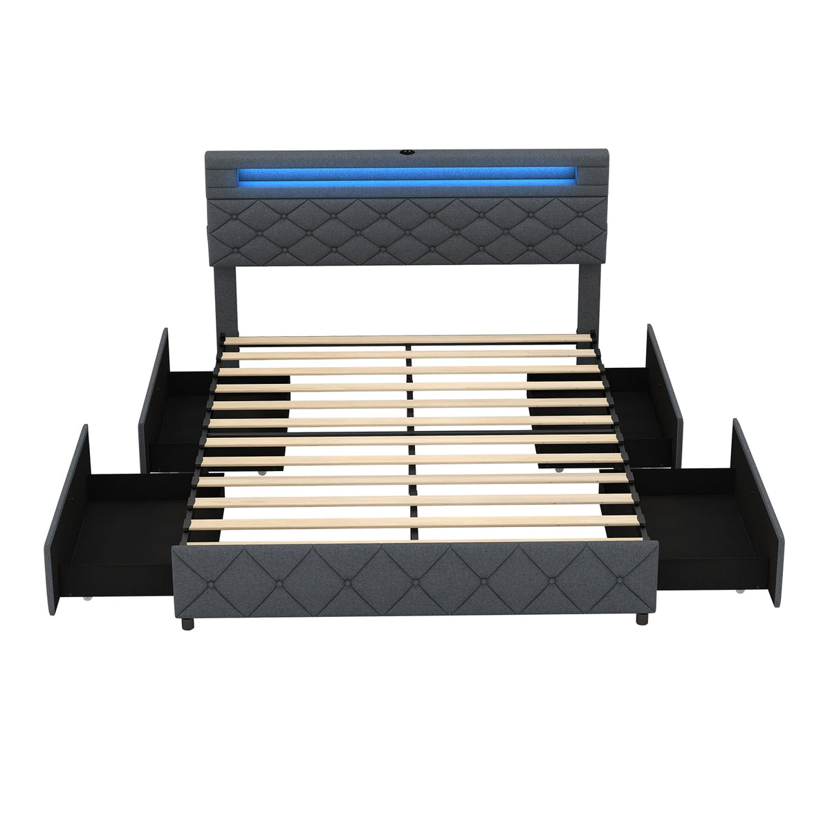 Full/Queen Size Bed Frame with Adjustable Storage Headboard and Wooden Slat Support-Queen Size-Simple Bed Frame-DECOROLALA