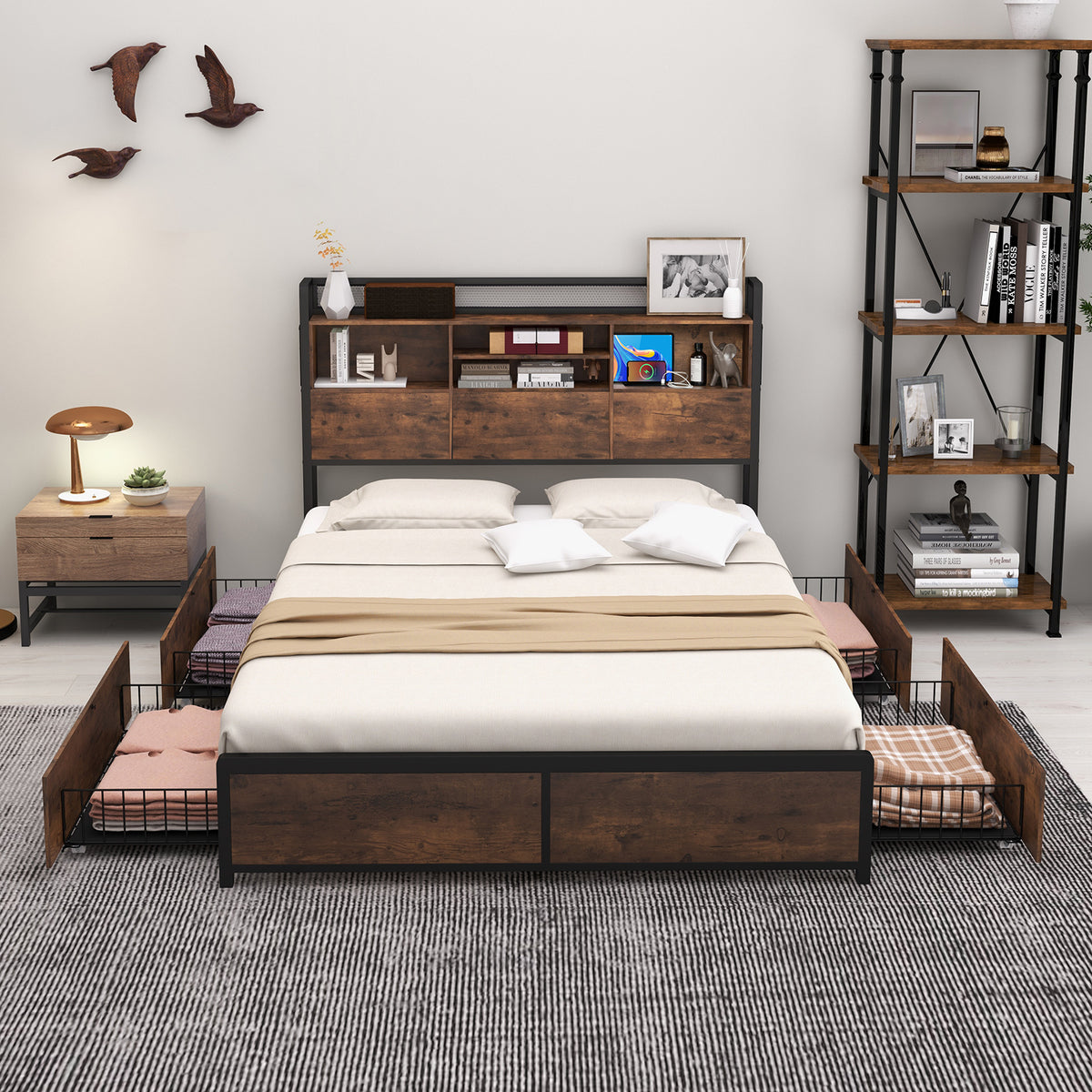 Full/Queen Size Bed Frame with Bookcase Headboard and 4 Storage Drawers-Full Size-Simple Bed Frame-DECOROLALA