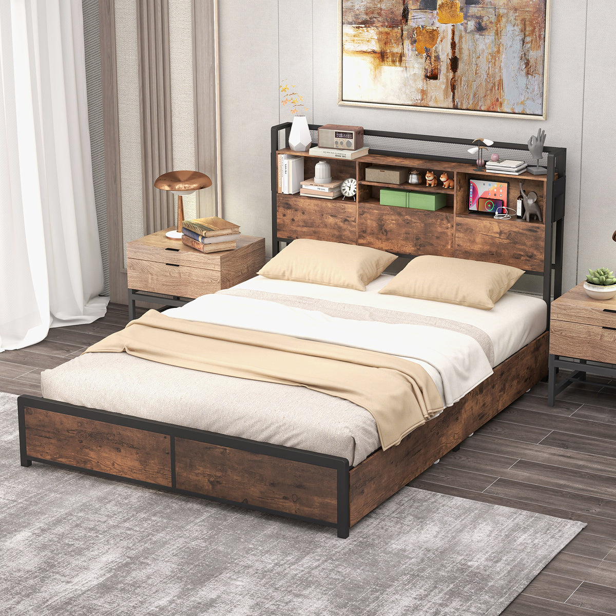 Full/Queen Size Bed Frame with Bookcase Headboard and 4 Storage Drawers-Full Size-Simple Bed Frame-DECOROLALA