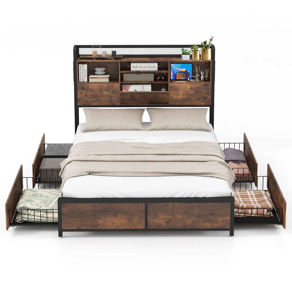 Full/Queen Size Bed Frame with Bookcase Headboard and 4 Storage Drawers-Full Size-Simple Bed Frame-DECOROLALA
