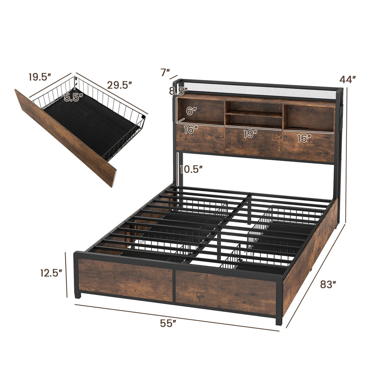 Full/Queen Size Bed Frame with Bookcase Headboard and 4 Storage Drawers-Full Size-Simple Bed Frame-DECOROLALA