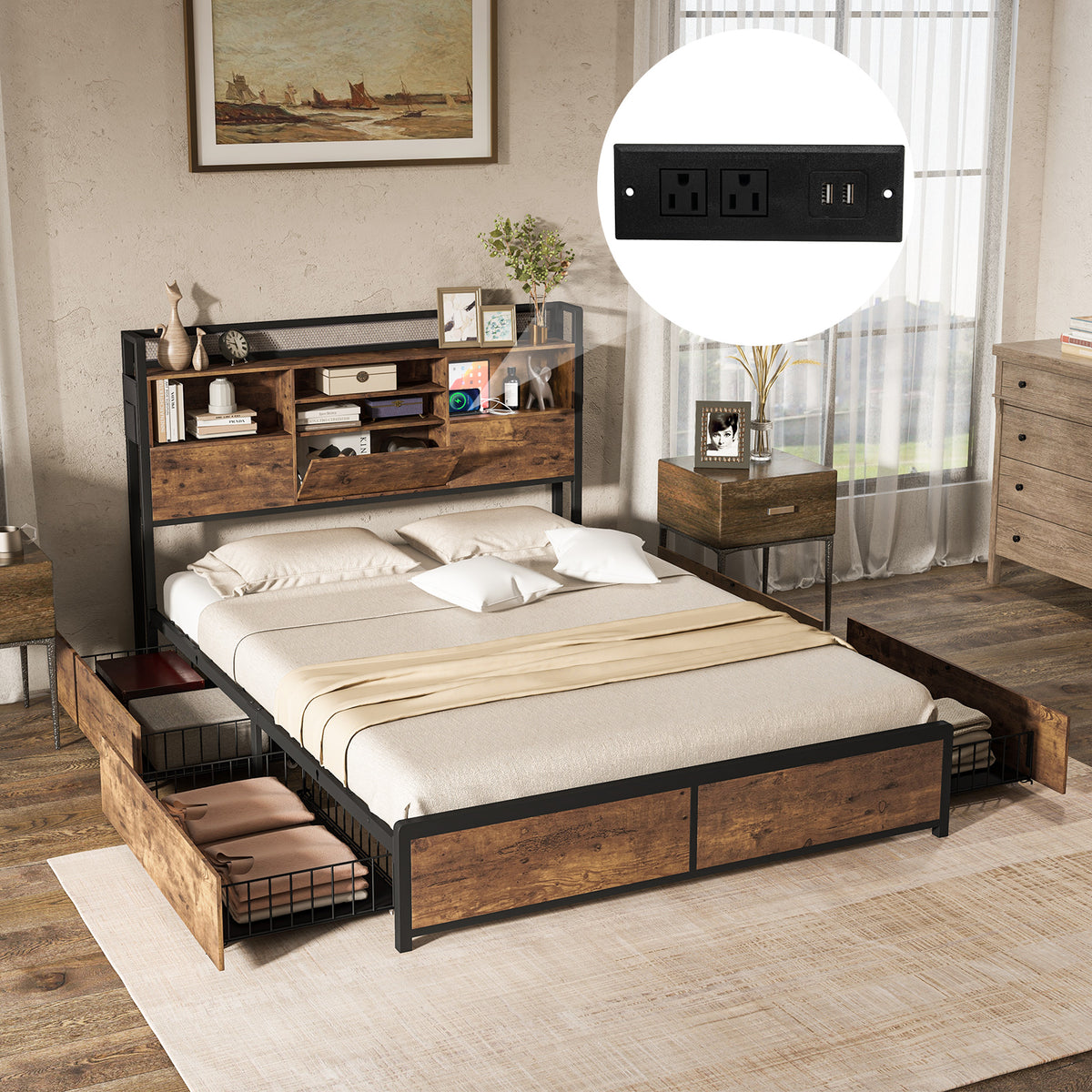 Full/Queen Size Bed Frame with Bookcase Headboard and 4 Storage Drawers-Full Size-Simple Bed Frame-DECOROLALA