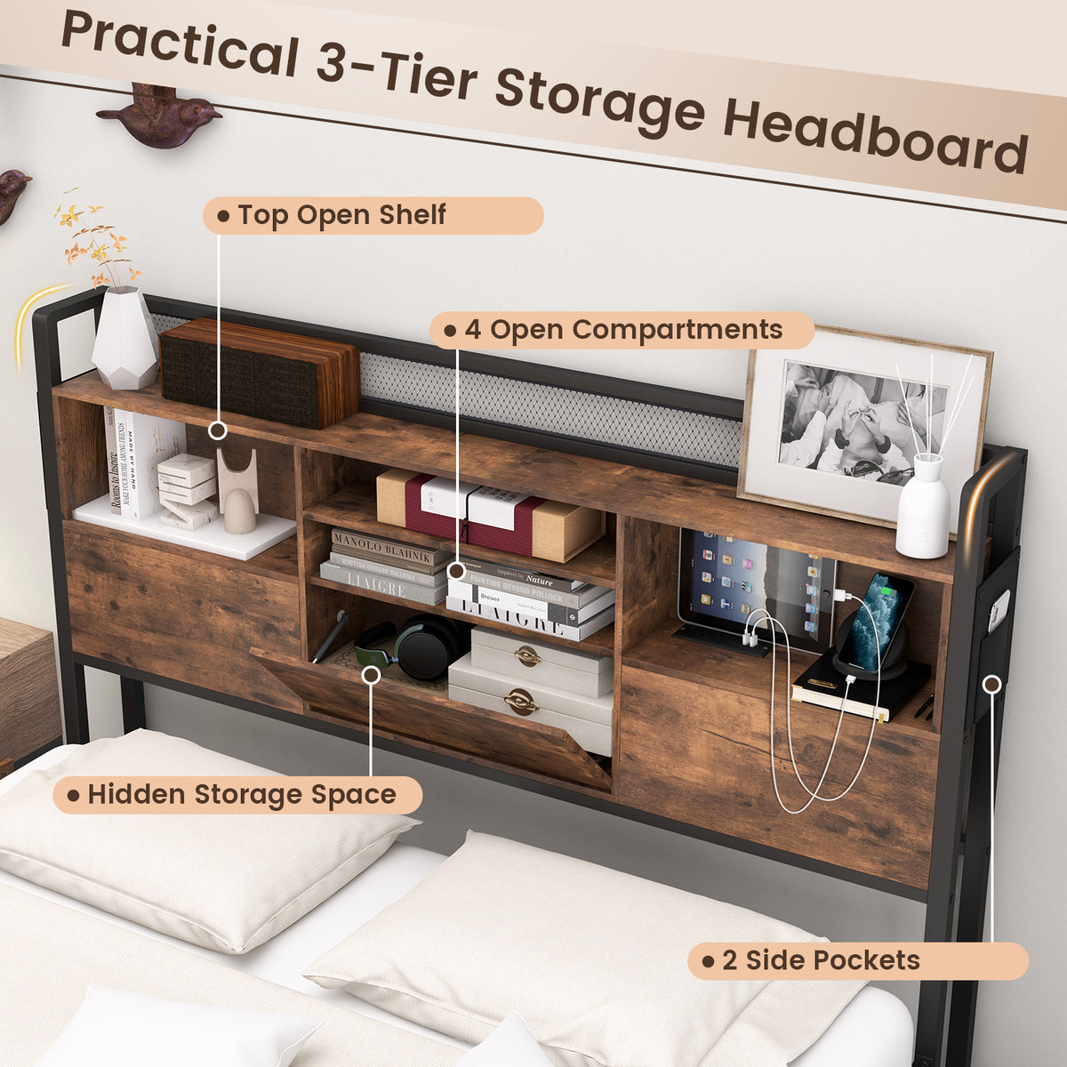 Full/Queen Size Bed Frame with Bookcase Headboard and 4 Storage Drawers-Full Size-Simple Bed Frame-DECOROLALA