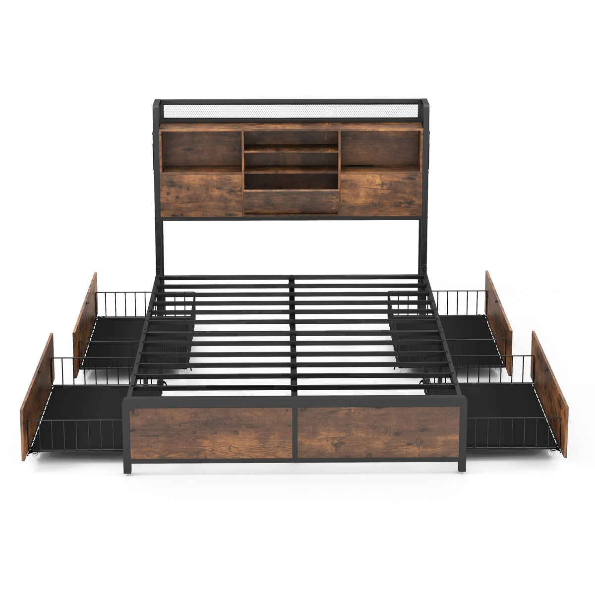 Full/Queen Size Bed Frame with Bookcase Headboard and 4 Storage Drawers-Full Size-Simple Bed Frame-DECOROLALA