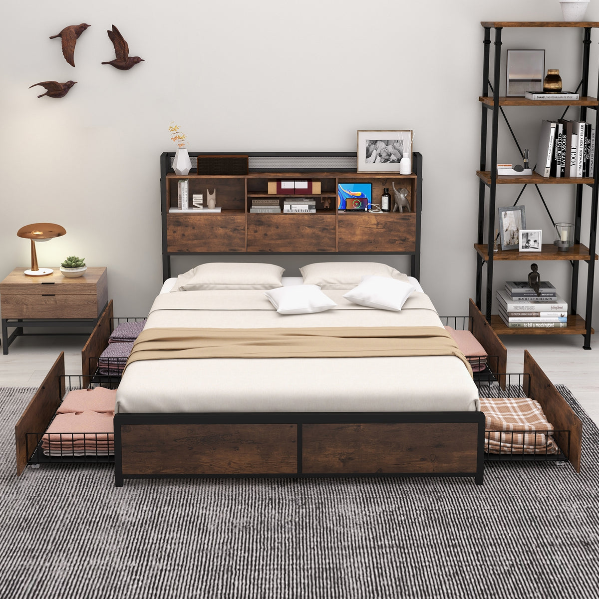Full/Queen Size Bed Frame with Bookcase Headboard and 4 Storage Drawers-Queen Size-Simple Bed Frame-DECOROLALA