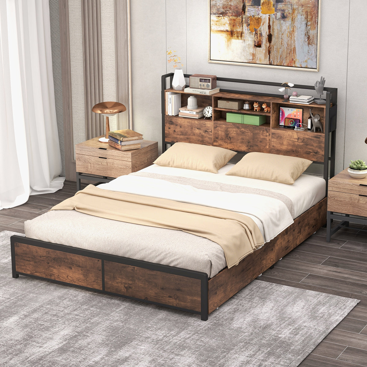 Full/Queen Size Bed Frame with Bookcase Headboard and 4 Storage Drawers-Queen Size-Simple Bed Frame-DECOROLALA