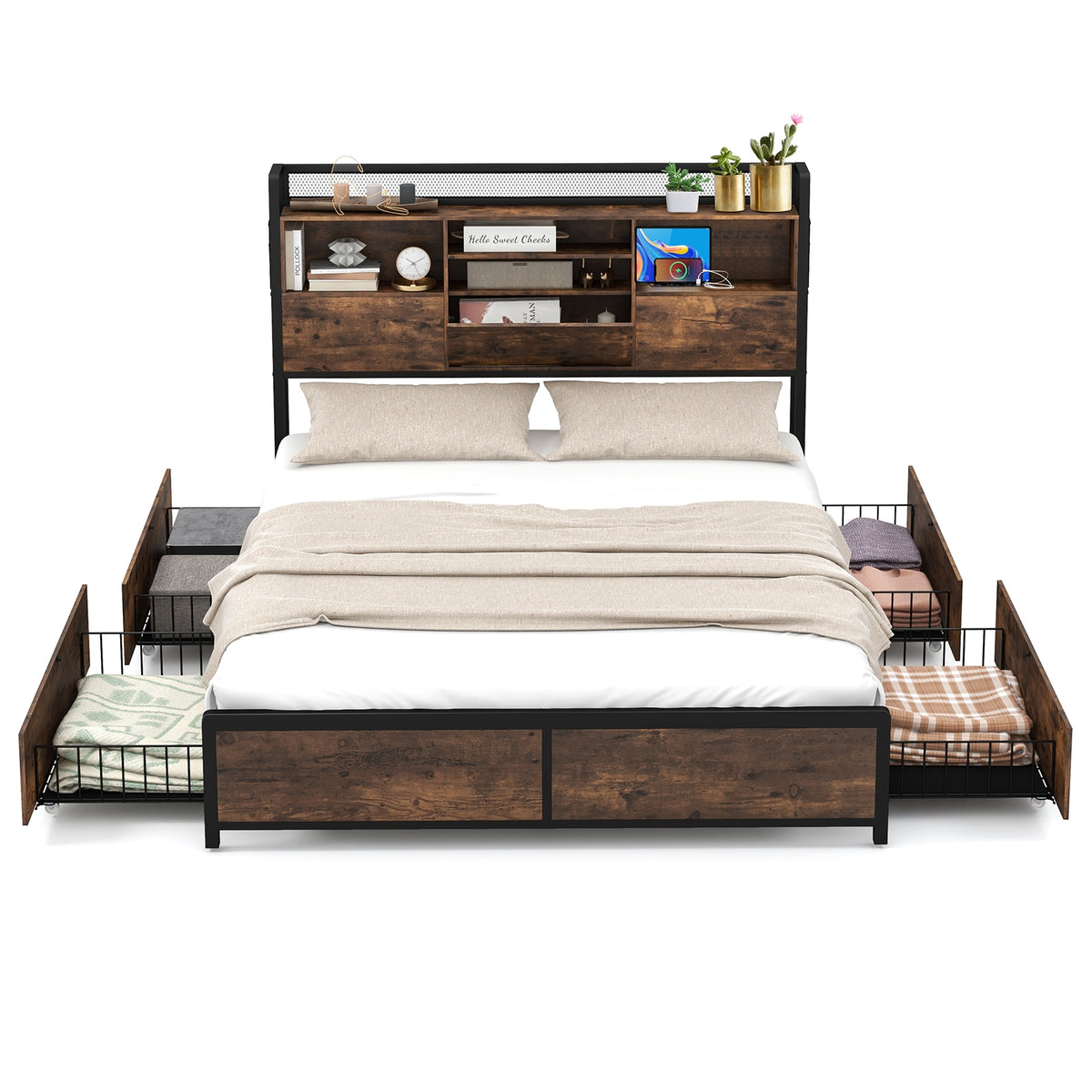 Full/Queen Size Bed Frame with Bookcase Headboard and 4 Storage Drawers-Queen Size-Simple Bed Frame-DECOROLALA