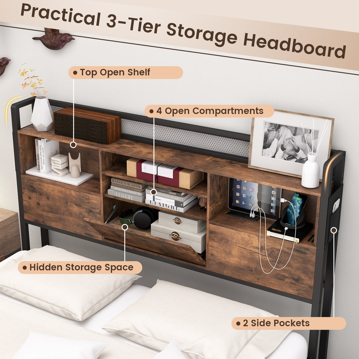 Full/Queen Size Bed Frame with Bookcase Headboard and 4 Storage Drawers-Queen Size-Simple Bed Frame-DECOROLALA
