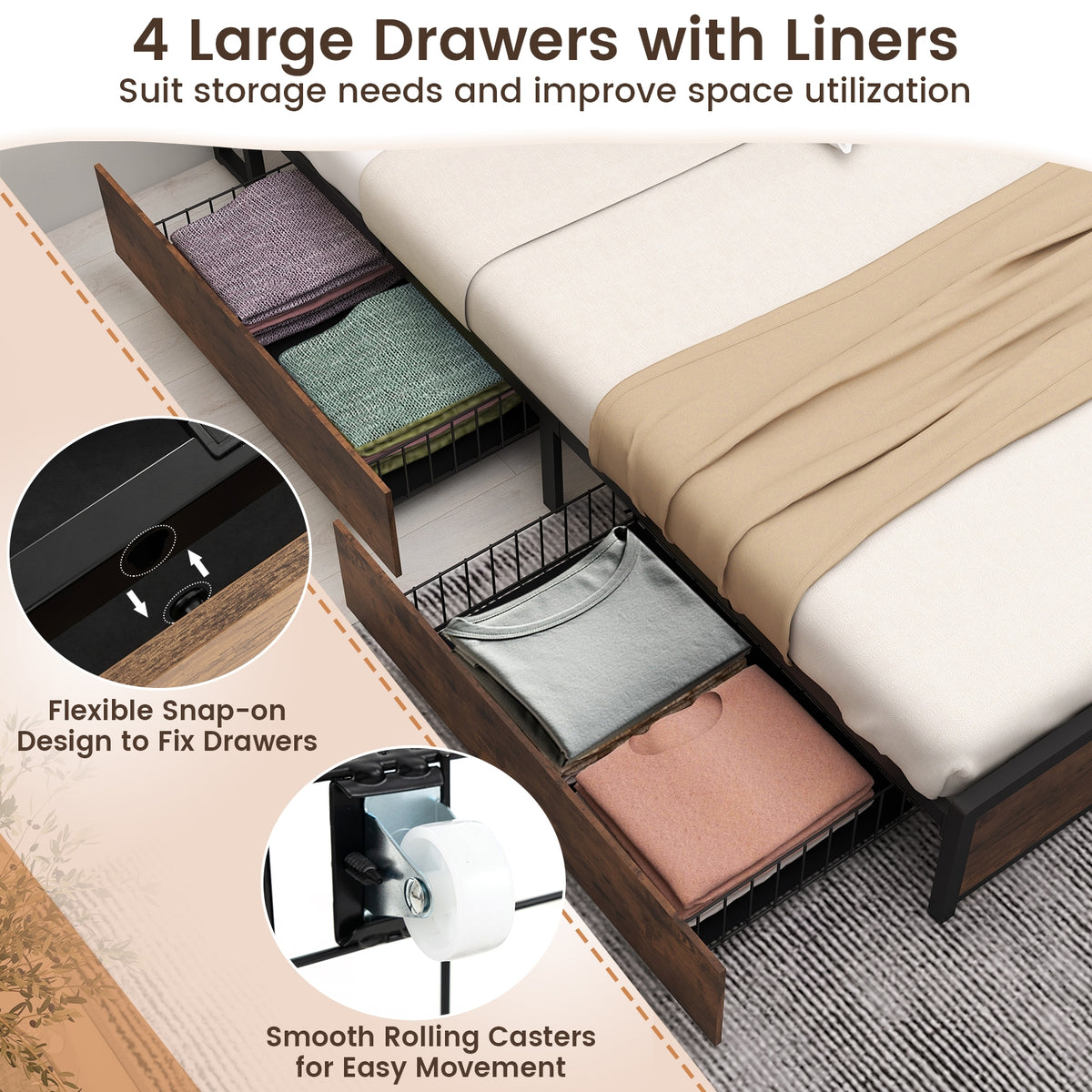 Full/Queen Size Bed Frame with Bookcase Headboard and 4 Storage Drawers-Queen Size-Simple Bed Frame-DECOROLALA