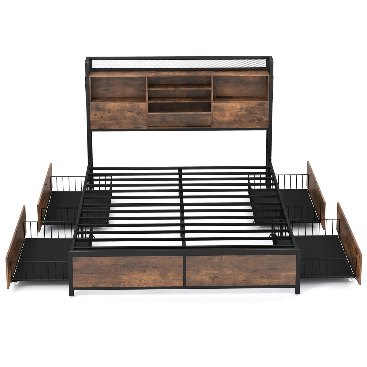 Full/Queen Size Bed Frame with Bookcase Headboard and 4 Storage Drawers-Queen Size-Simple Bed Frame-DECOROLALA