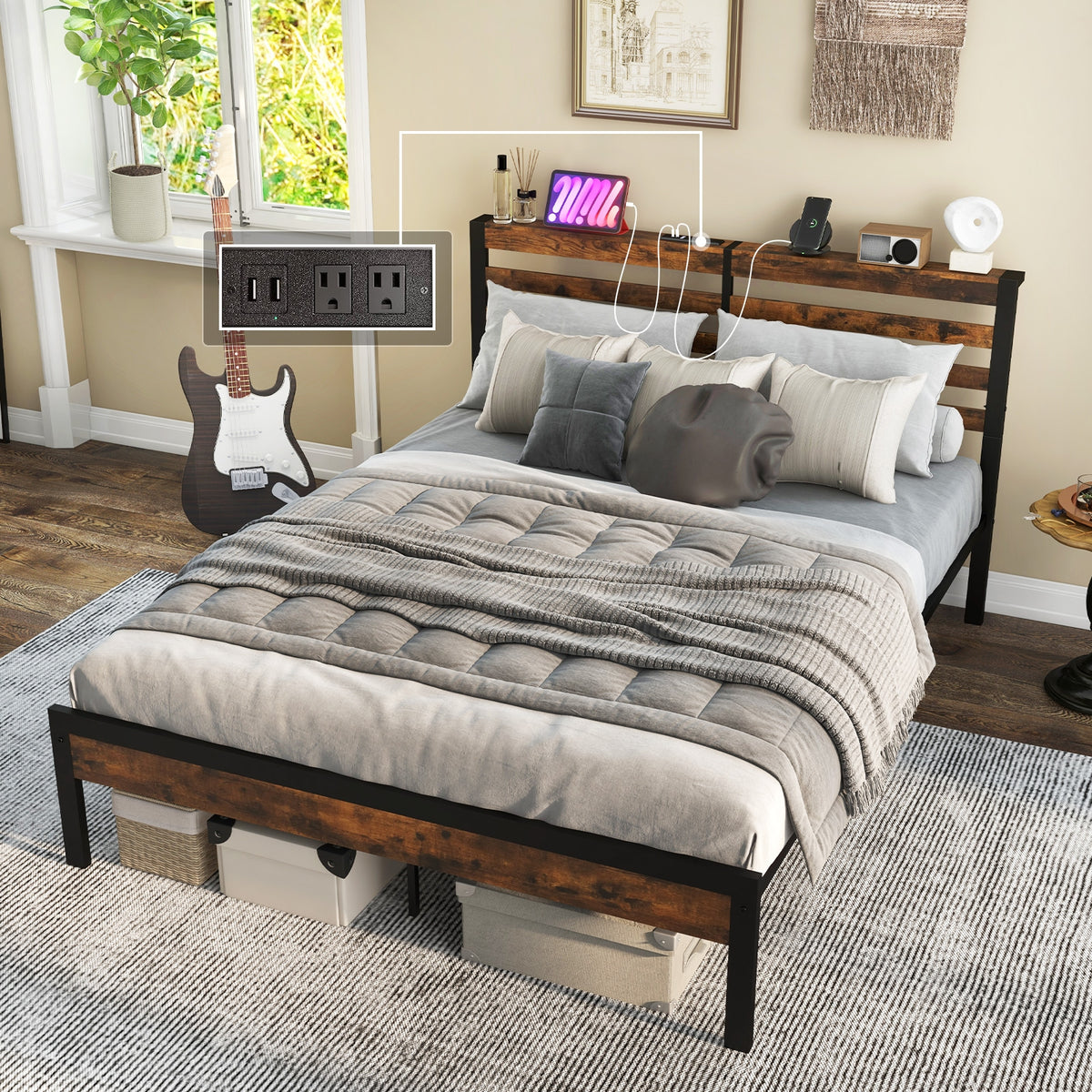 Full/Queen Size Bed Frame with Charging Station and Storage Headboard-Full Size-Simple Bed Frame-DECOROLALA