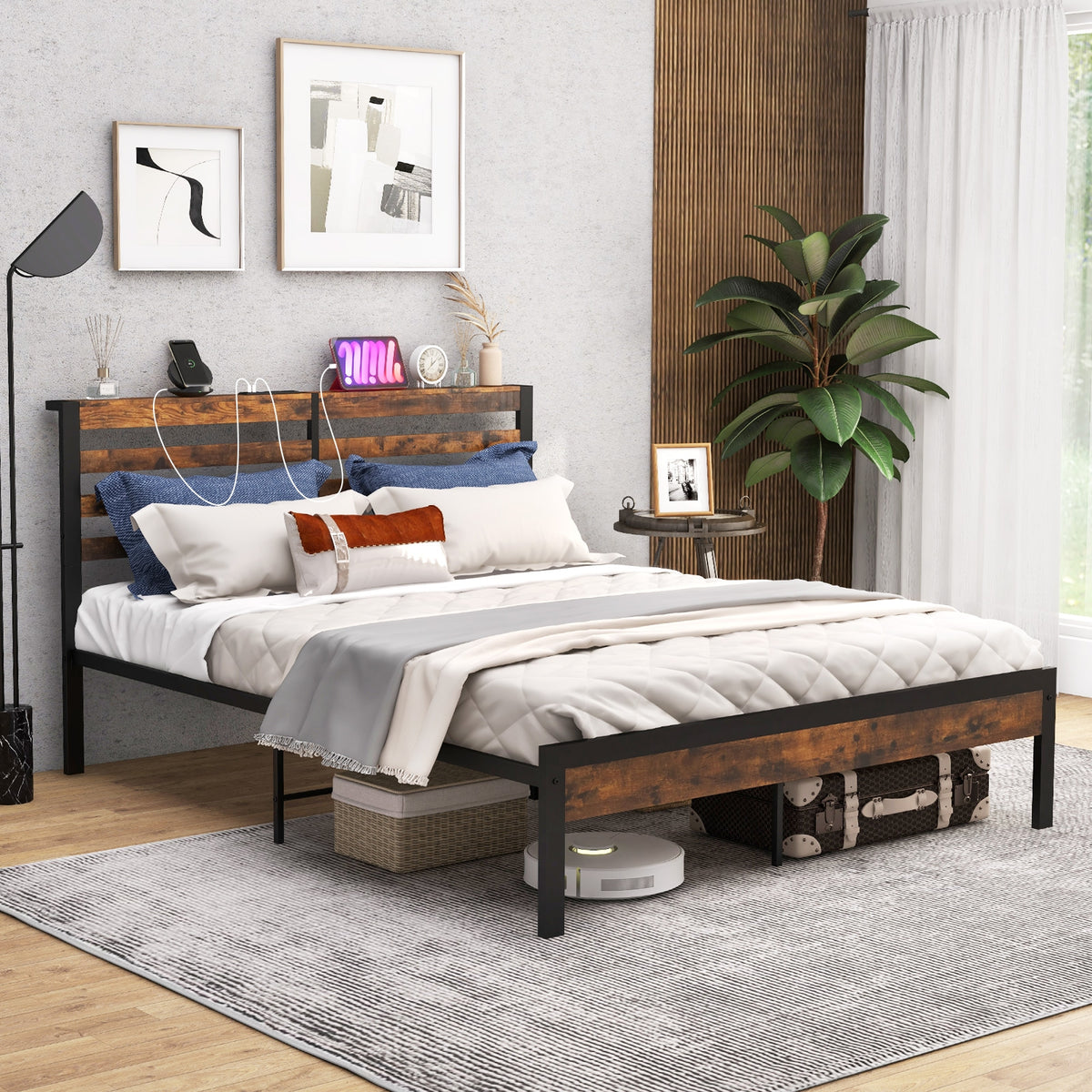 Full/Queen Size Bed Frame with Charging Station and Storage Headboard-Full Size-Simple Bed Frame-DECOROLALA