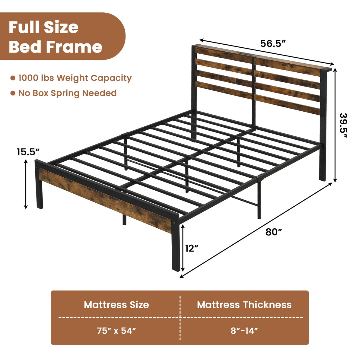 Full/Queen Size Bed Frame with Charging Station and Storage Headboard-Full Size-Simple Bed Frame-DECOROLALA