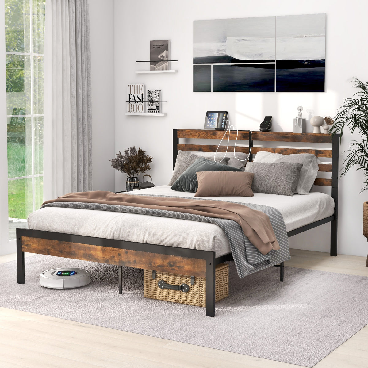 Full/Queen Size Bed Frame with Charging Station and Storage Headboard-Full Size-Simple Bed Frame-DECOROLALA