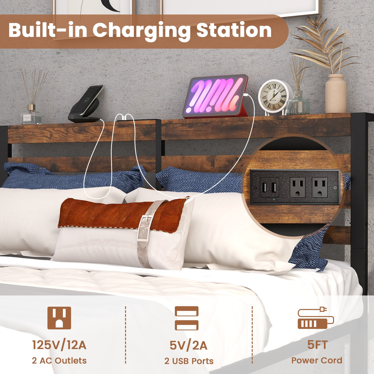 Full/Queen Size Bed Frame with Charging Station and Storage Headboard-Full Size-Simple Bed Frame-DECOROLALA