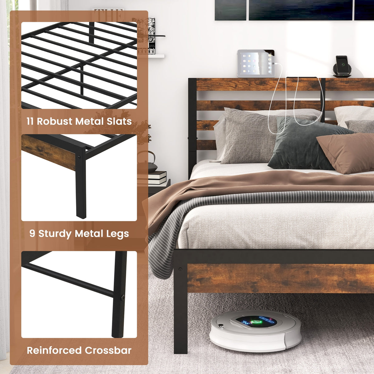 Full/Queen Size Bed Frame with Charging Station and Storage Headboard-Full Size-Simple Bed Frame-DECOROLALA