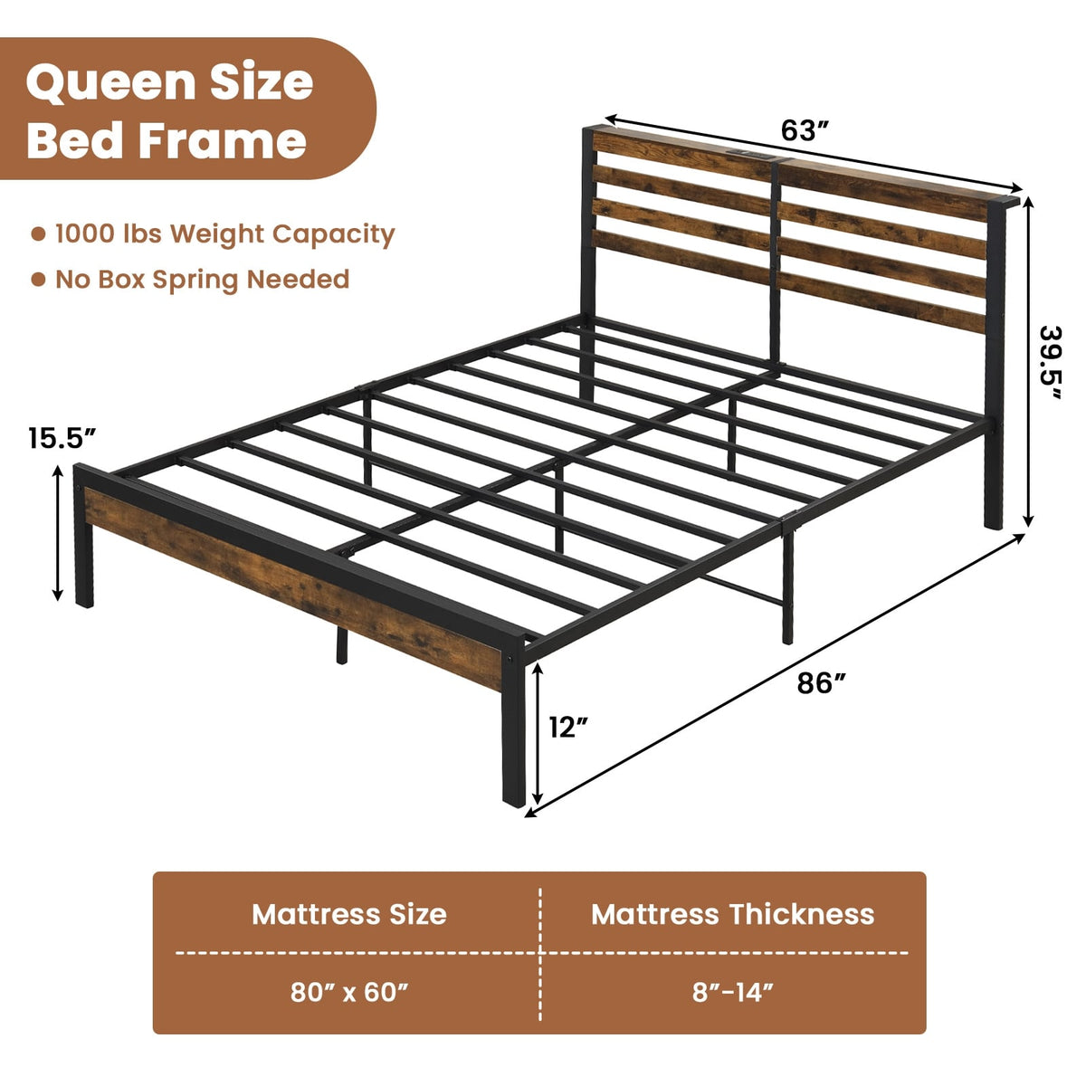 Full/Queen Size Bed Frame with Charging Station and Storage Headboard-Queen Size-Simple Bed Frame-DECOROLALA