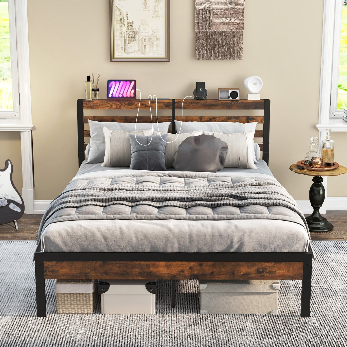 Full/Queen Size Bed Frame with Charging Station and Storage Headboard-Queen Size-Simple Bed Frame-DECOROLALA