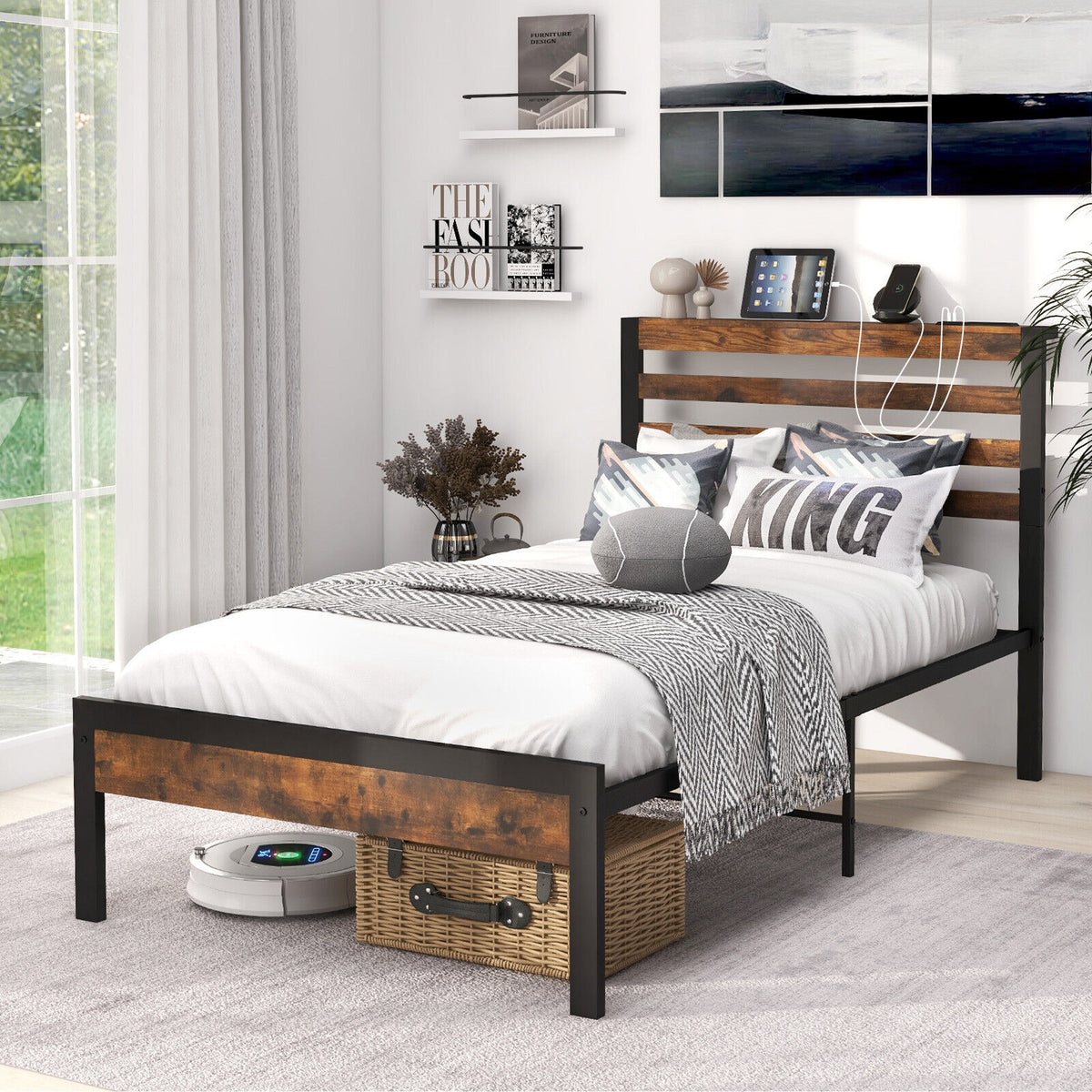Full/Queen Size Bed Frame with Charging Station and Storage Headboard-Twin Size-Simple Bed Frame-DECOROLALA