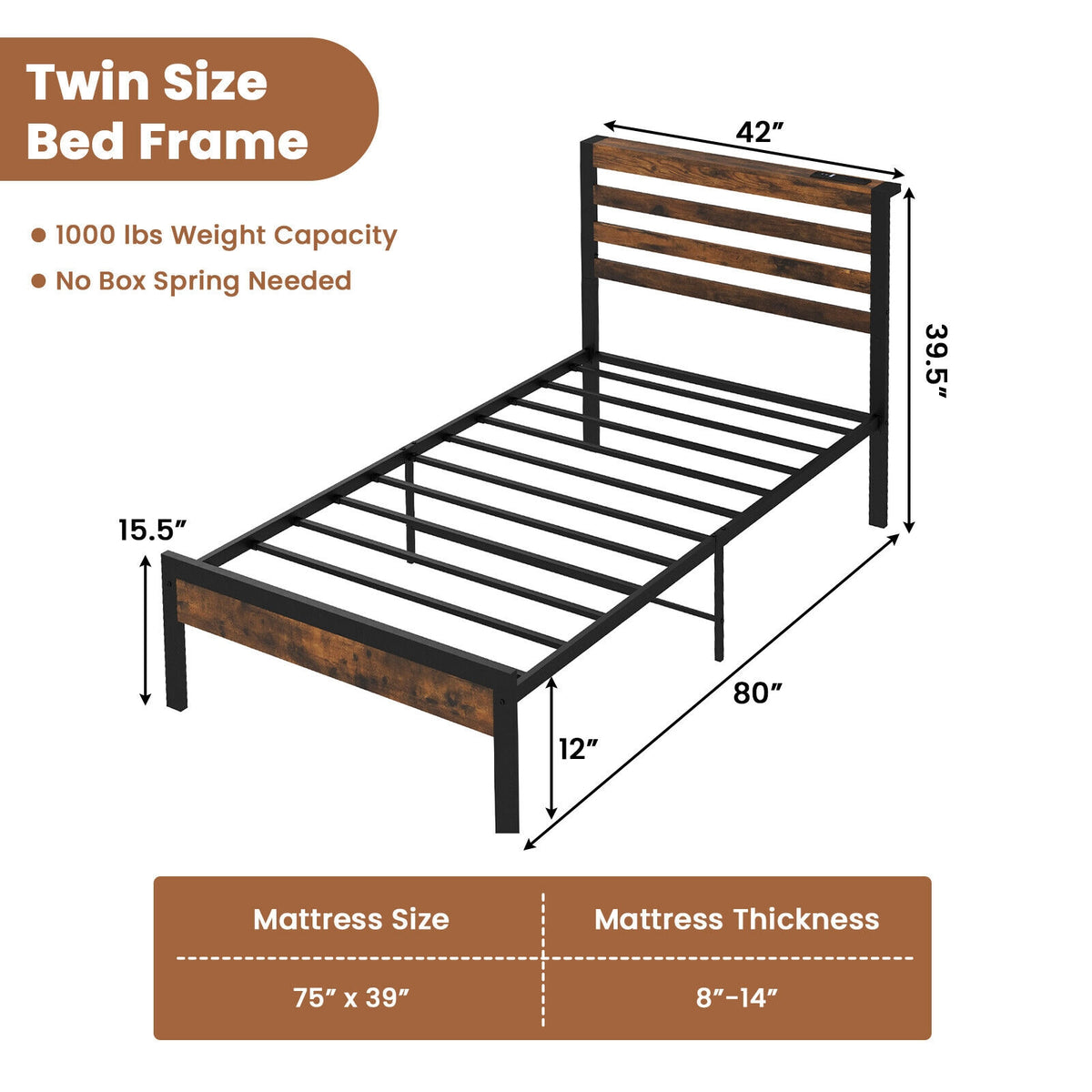 Full/Queen Size Bed Frame with Charging Station and Storage Headboard-Twin Size-Simple Bed Frame-DECOROLALA