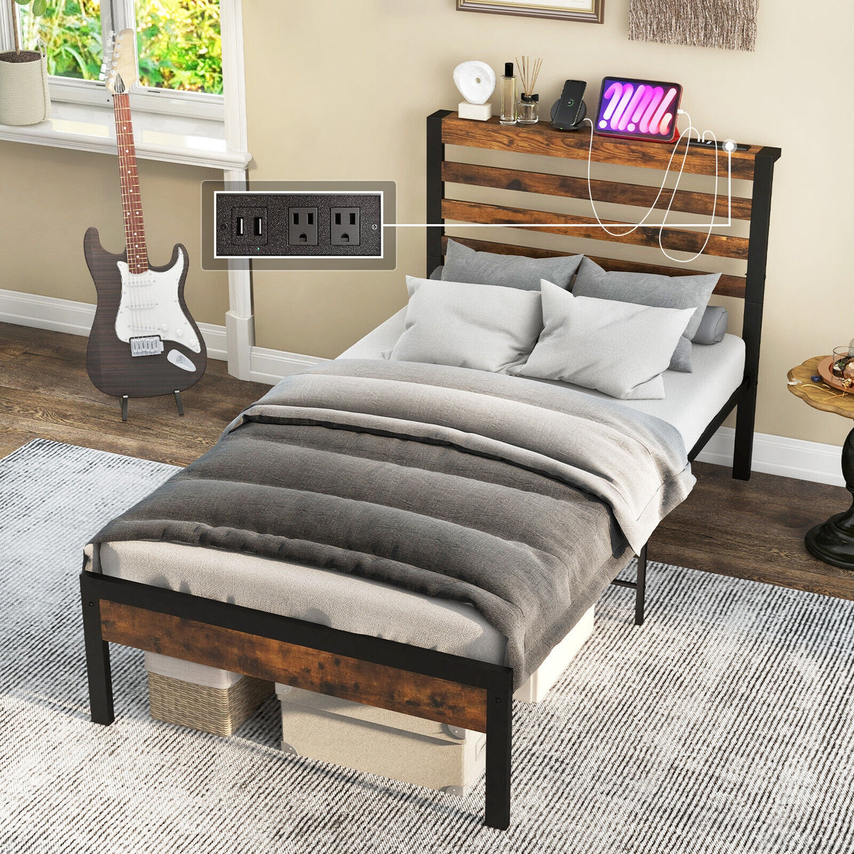 Full/Queen Size Bed Frame with Charging Station and Storage Headboard-Twin Size-Simple Bed Frame-DECOROLALA
