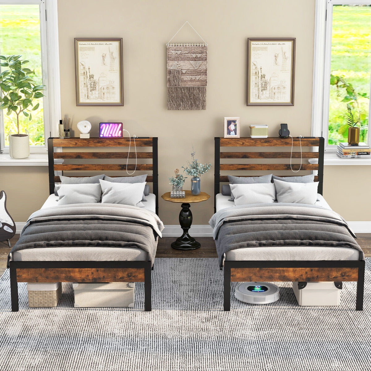 Full/Queen Size Bed Frame with Charging Station and Storage Headboard-Twin Size-Simple Bed Frame-DECOROLALA