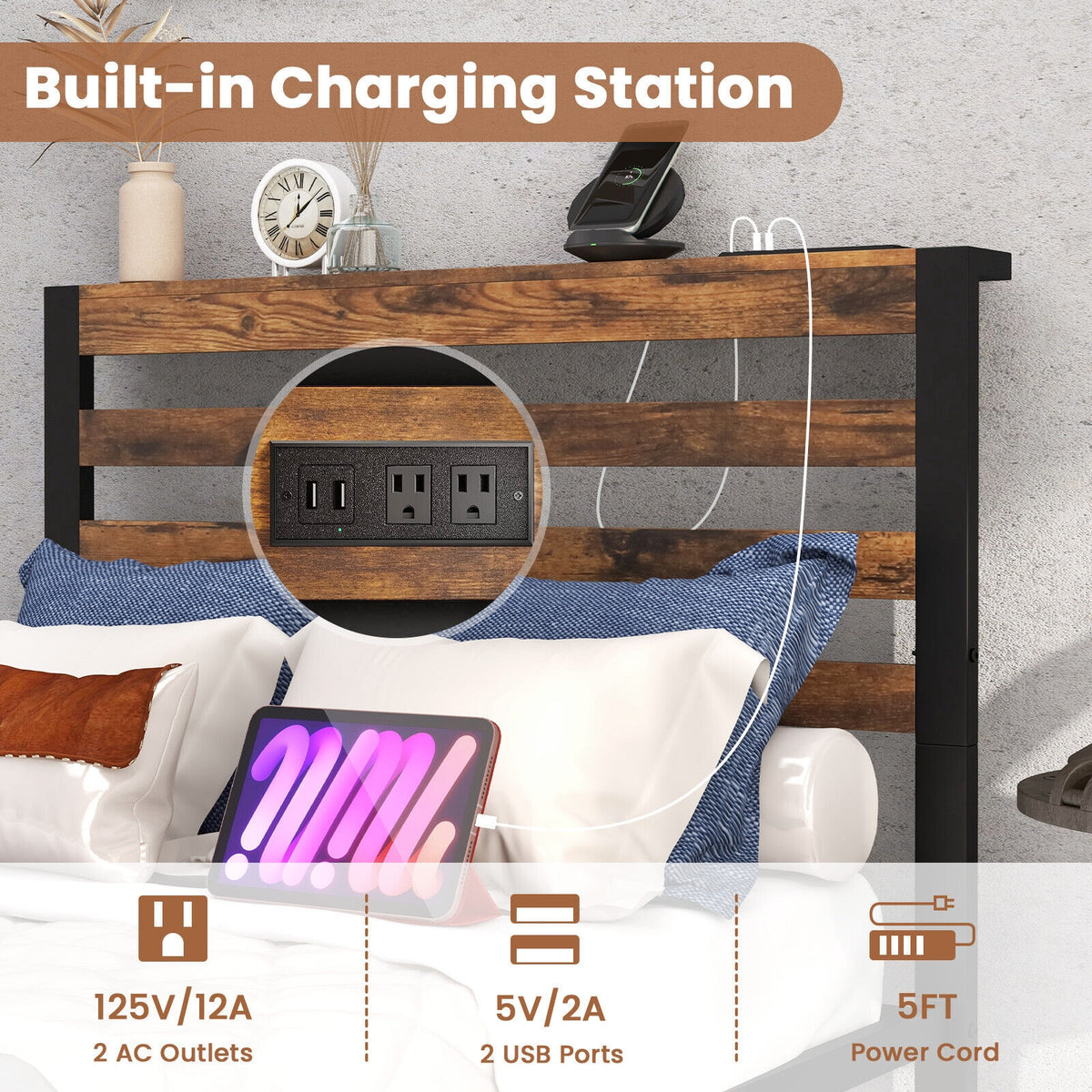 Full/Queen Size Bed Frame with Charging Station and Storage Headboard-Twin Size-Simple Bed Frame-DECOROLALA