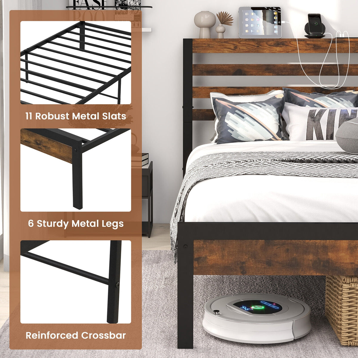 Full/Queen Size Bed Frame with Charging Station and Storage Headboard-Twin Size-Simple Bed Frame-DECOROLALA