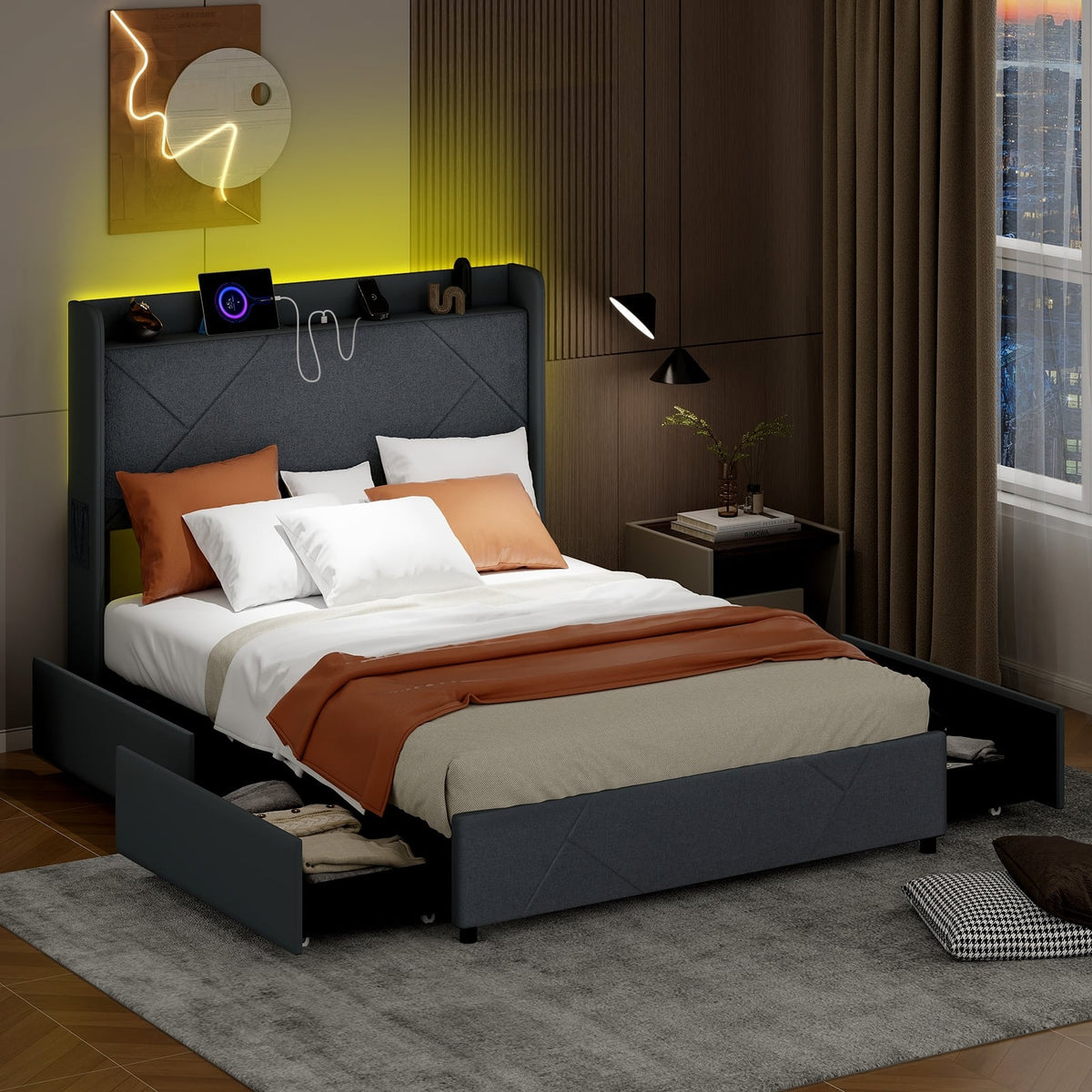 Full/Queen Size Bed Frame with LED Lights and Charging Station-Full Size-Simple Bed Frame-DECOROLALA