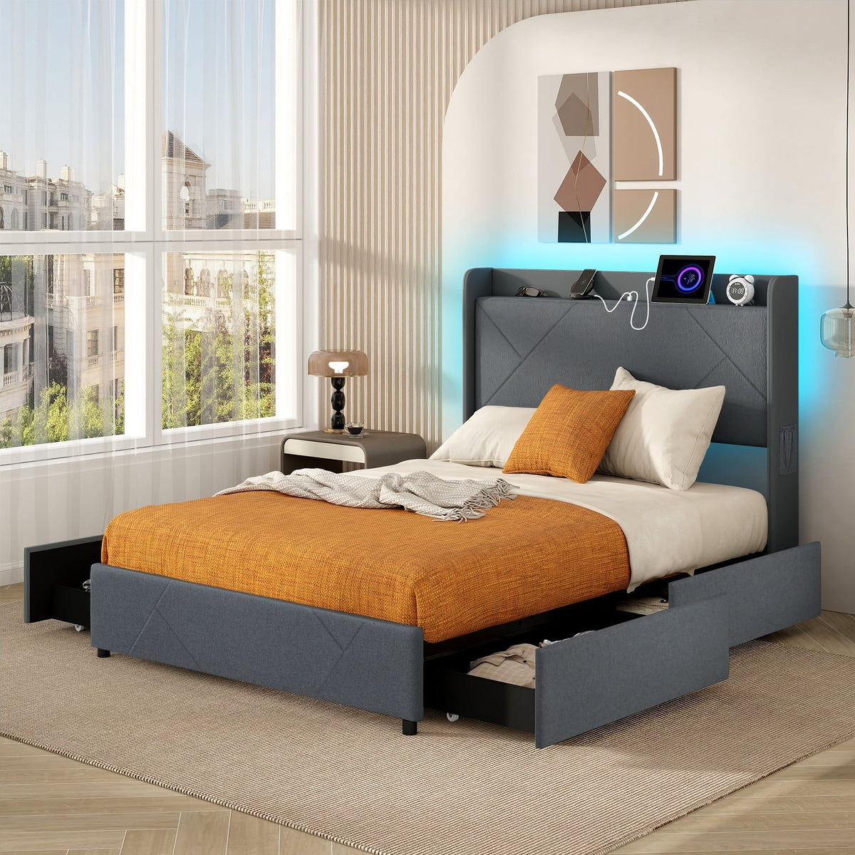 Full/Queen Size Bed Frame with LED Lights and Charging Station-Full Size-Simple Bed Frame-DECOROLALA
