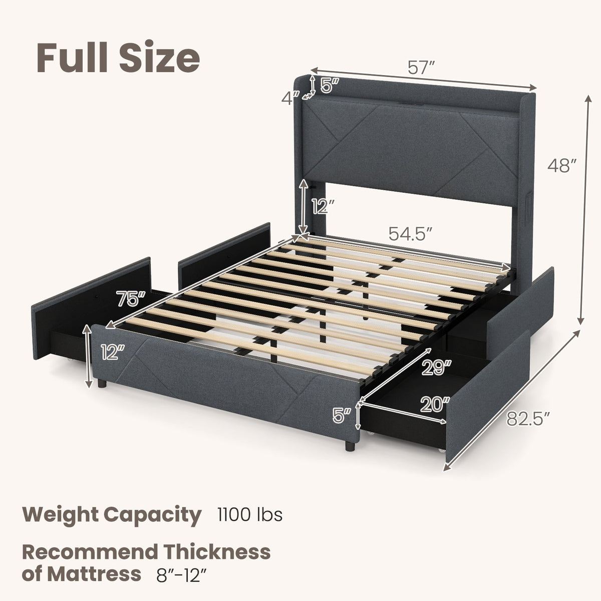 Full/Queen Size Bed Frame with LED Lights and Charging Station-Full Size-Simple Bed Frame-DECOROLALA