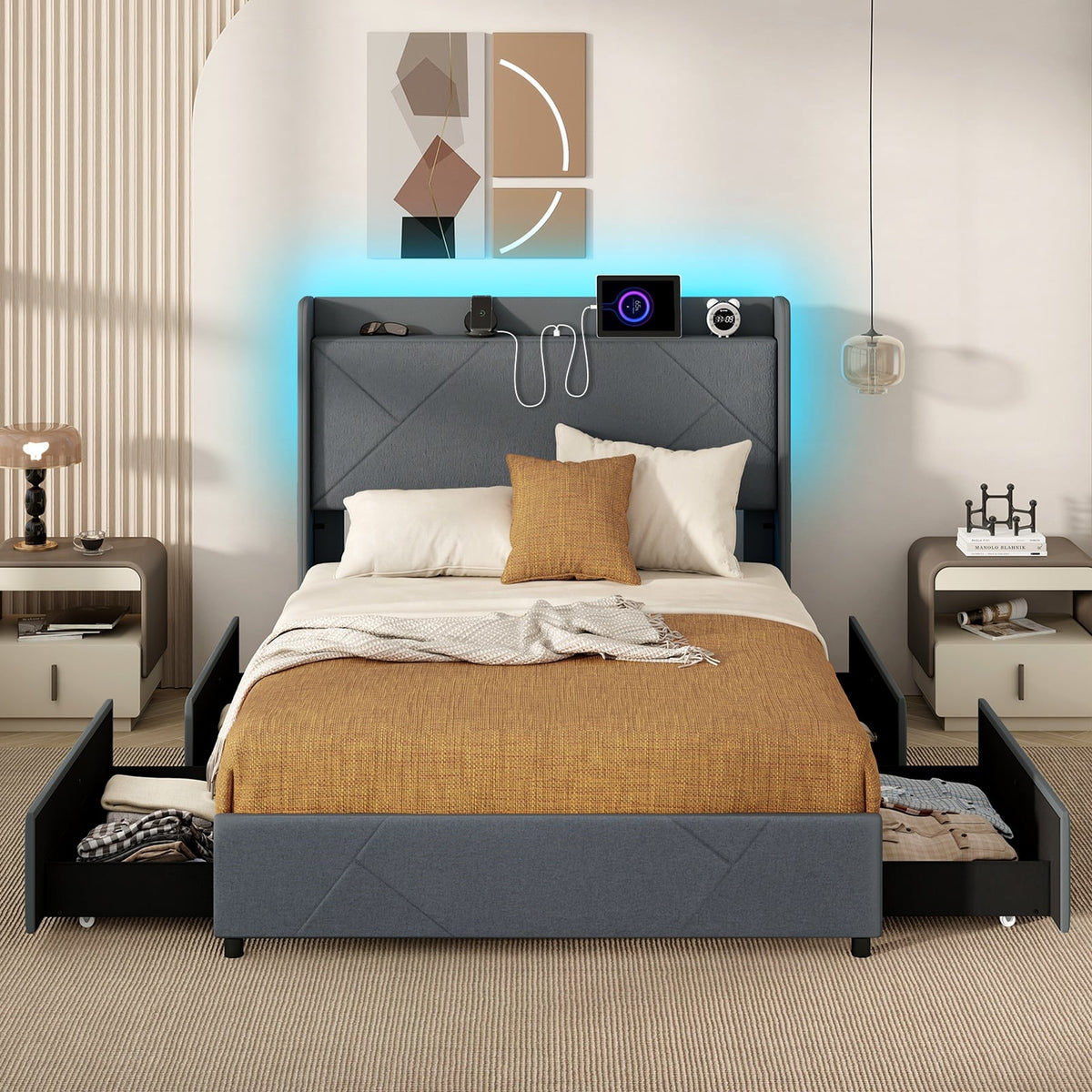 Full/Queen Size Bed Frame with LED Lights and Charging Station-Full Size-Simple Bed Frame-DECOROLALA