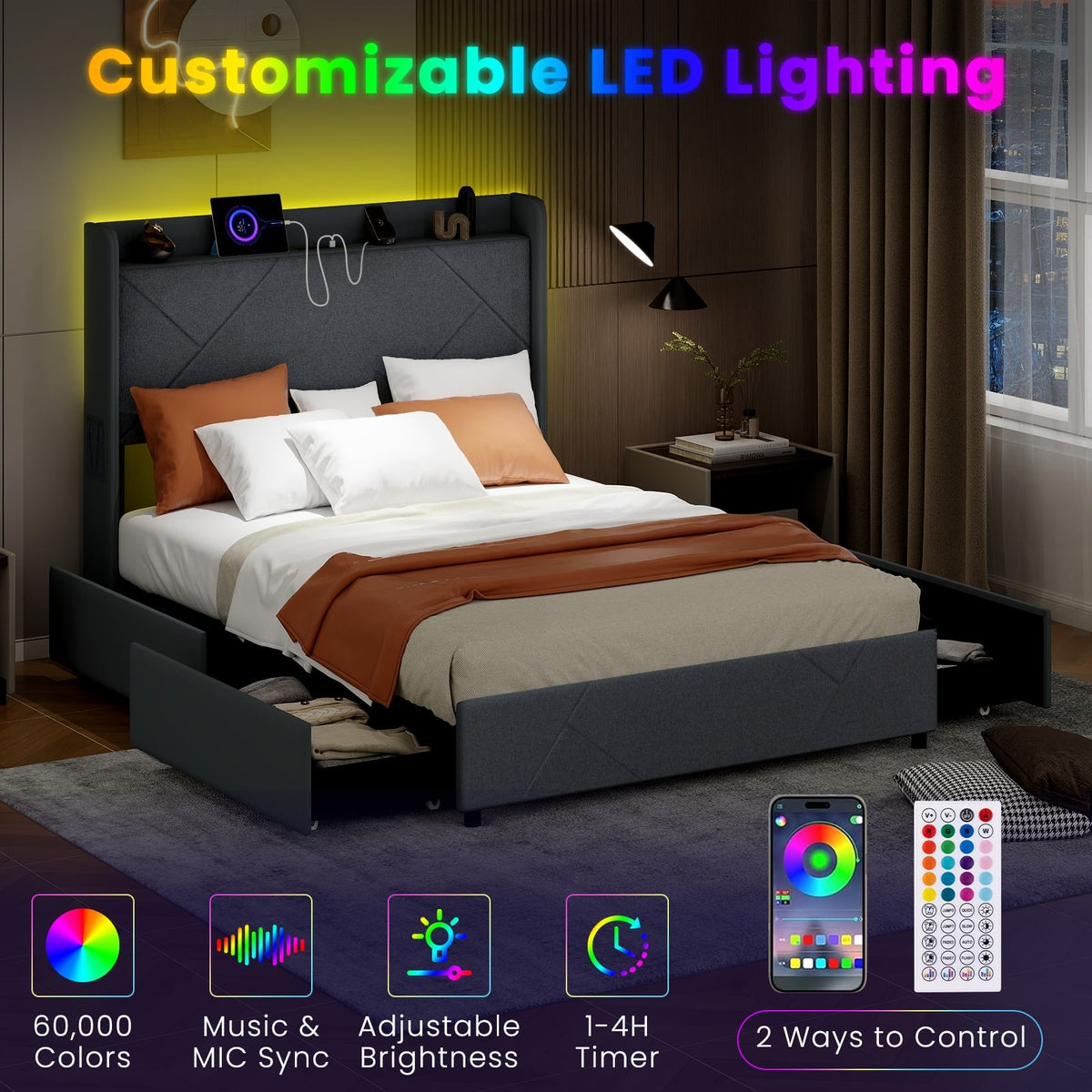 Full/Queen Size Bed Frame with LED Lights and Charging Station-Full Size-Simple Bed Frame-DECOROLALA