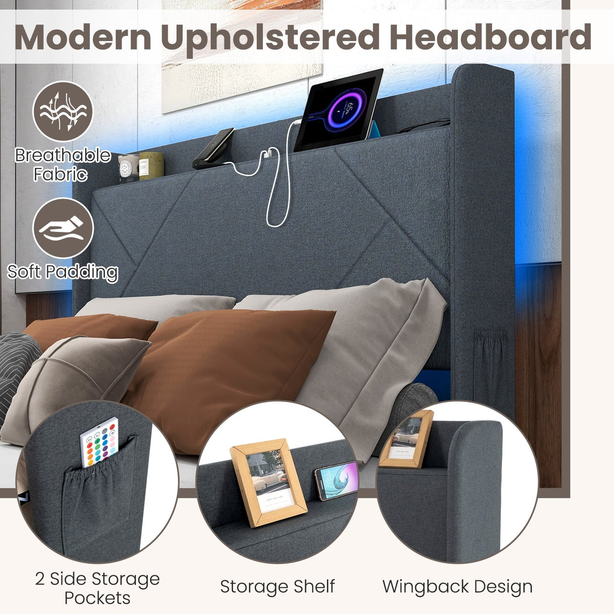 Full/Queen Size Bed Frame with LED Lights and Charging Station-Full Size-Simple Bed Frame-DECOROLALA