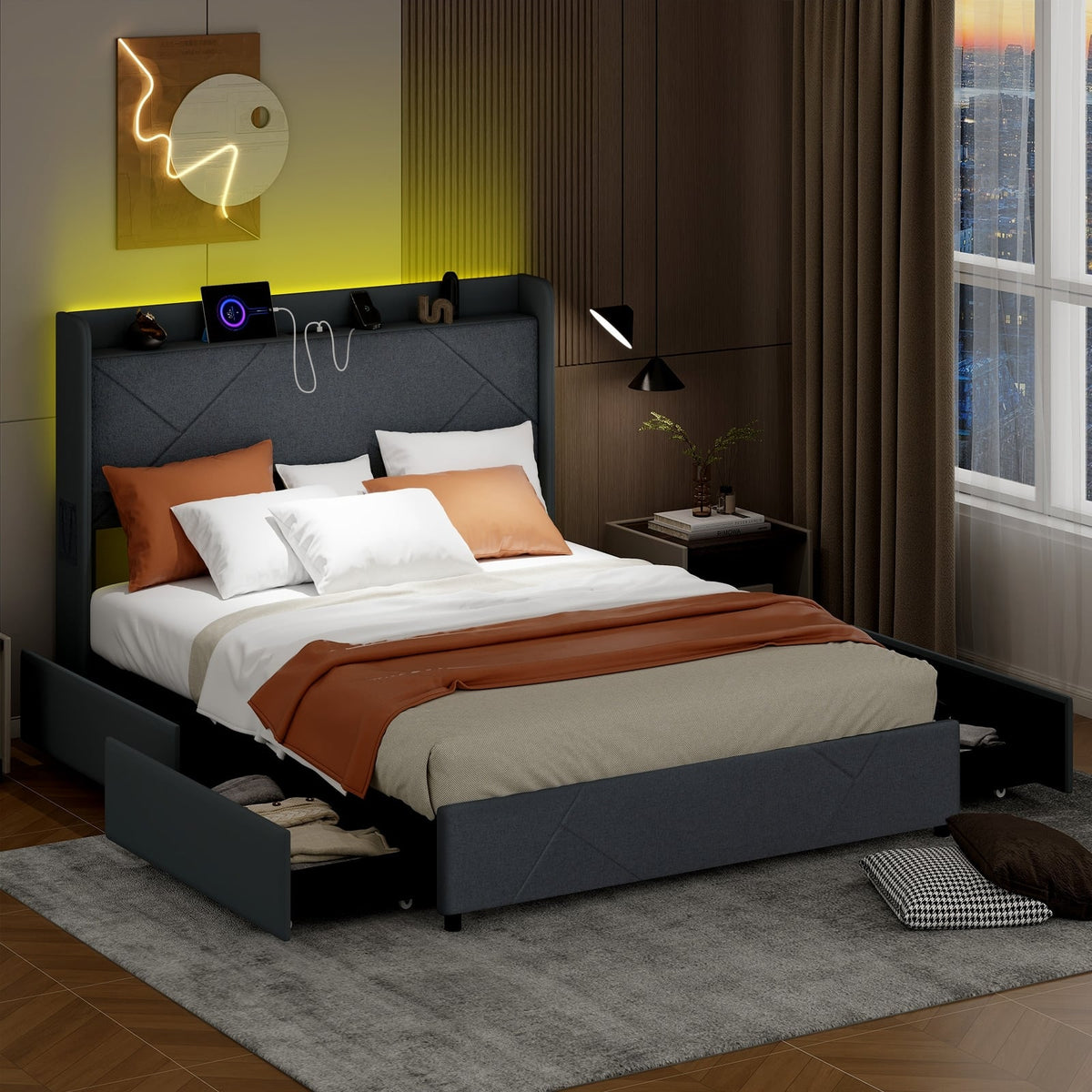 Full/Queen Size Bed Frame with LED Lights and Charging Station-Queen Size-Simple Bed Frame-DECOROLALA