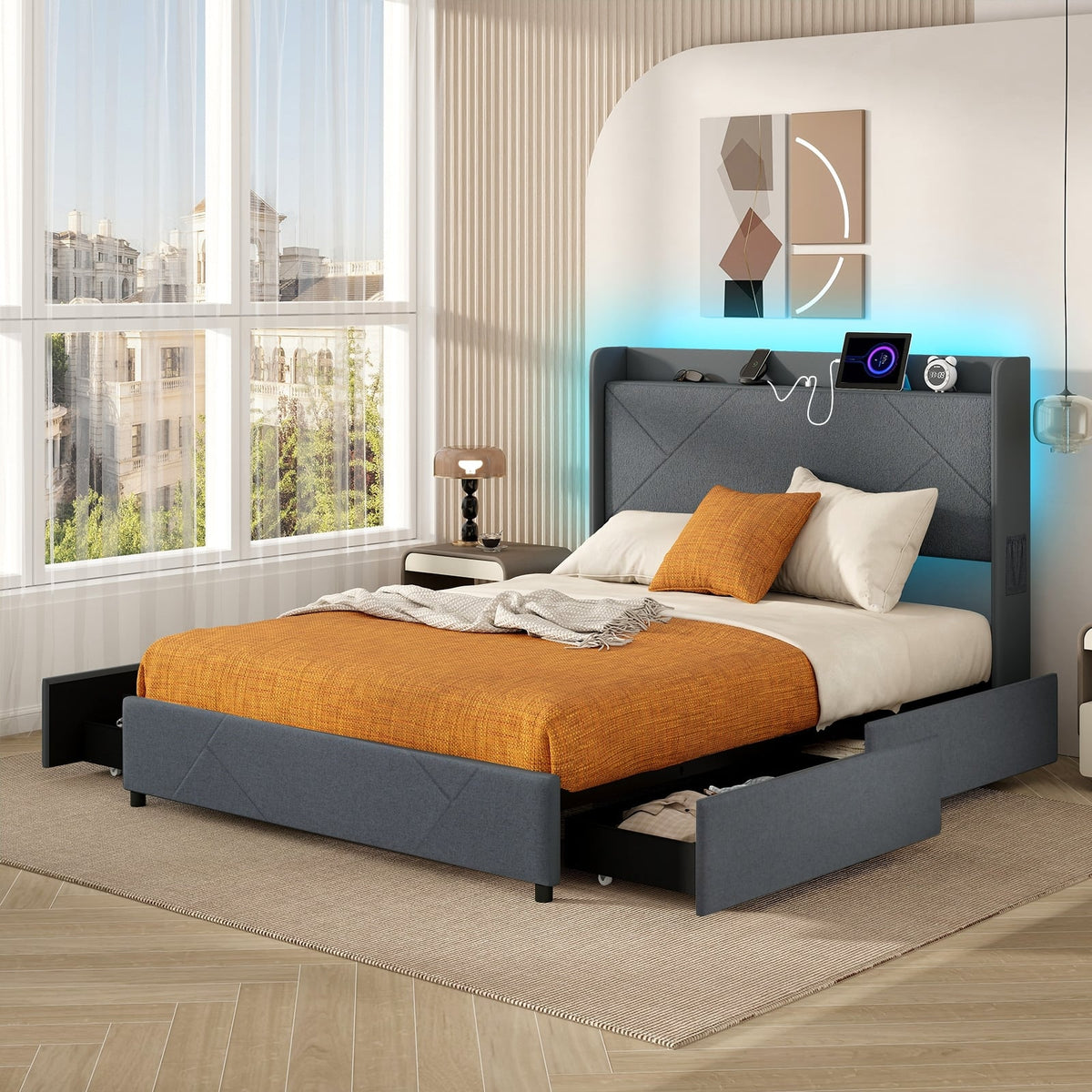 Full/Queen Size Bed Frame with LED Lights and Charging Station-Queen Size-Simple Bed Frame-DECOROLALA