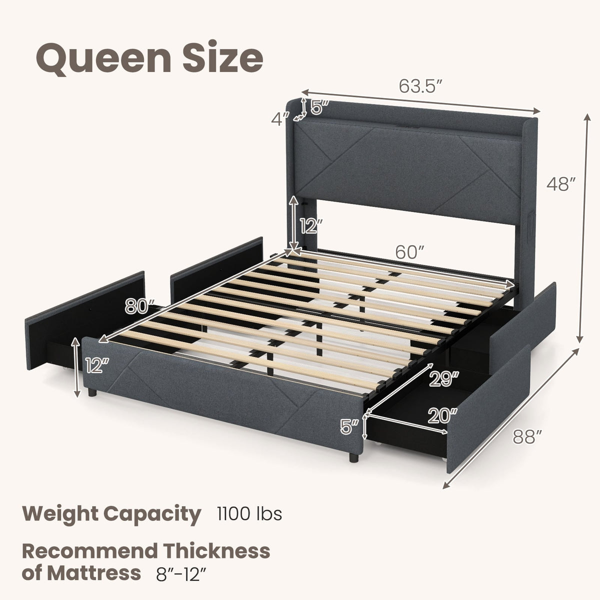 Full/Queen Size Bed Frame with LED Lights and Charging Station-Queen Size-Simple Bed Frame-DECOROLALA