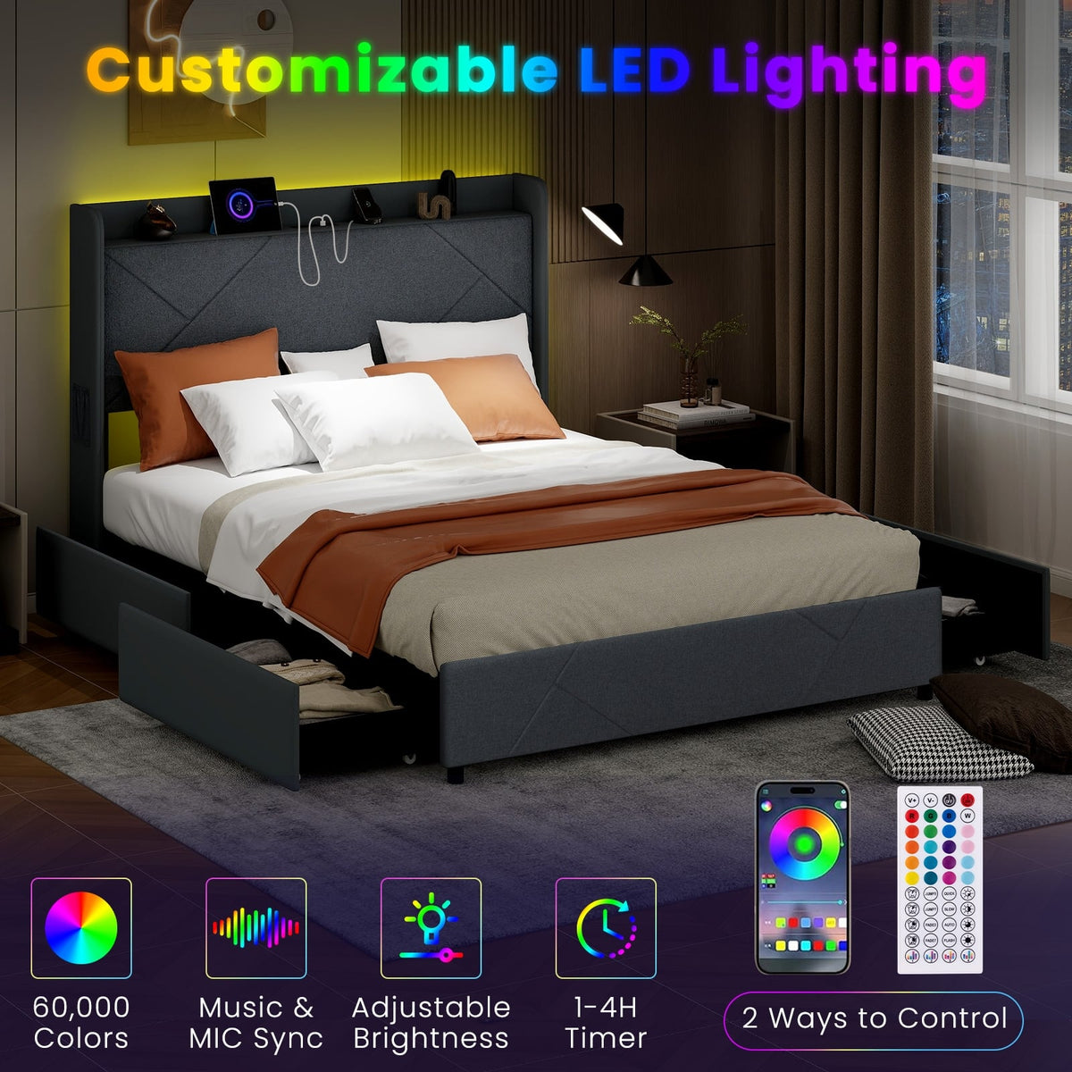 Full/Queen Size Bed Frame with LED Lights and Charging Station-Queen Size-Simple Bed Frame-DECOROLALA