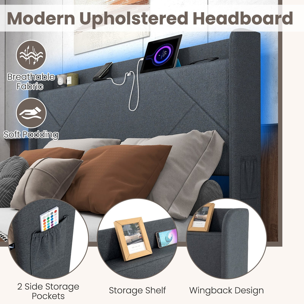Full/Queen Size Bed Frame with LED Lights and Charging Station-Queen Size-Simple Bed Frame-DECOROLALA