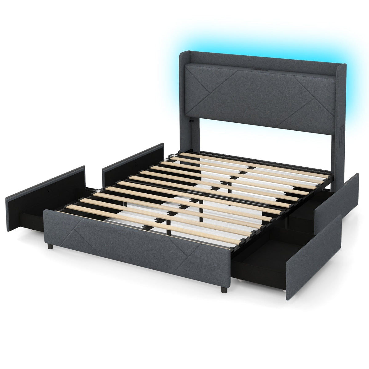 Full/Queen Size Bed Frame with LED Lights and Charging Station-Queen Size-Simple Bed Frame-DECOROLALA