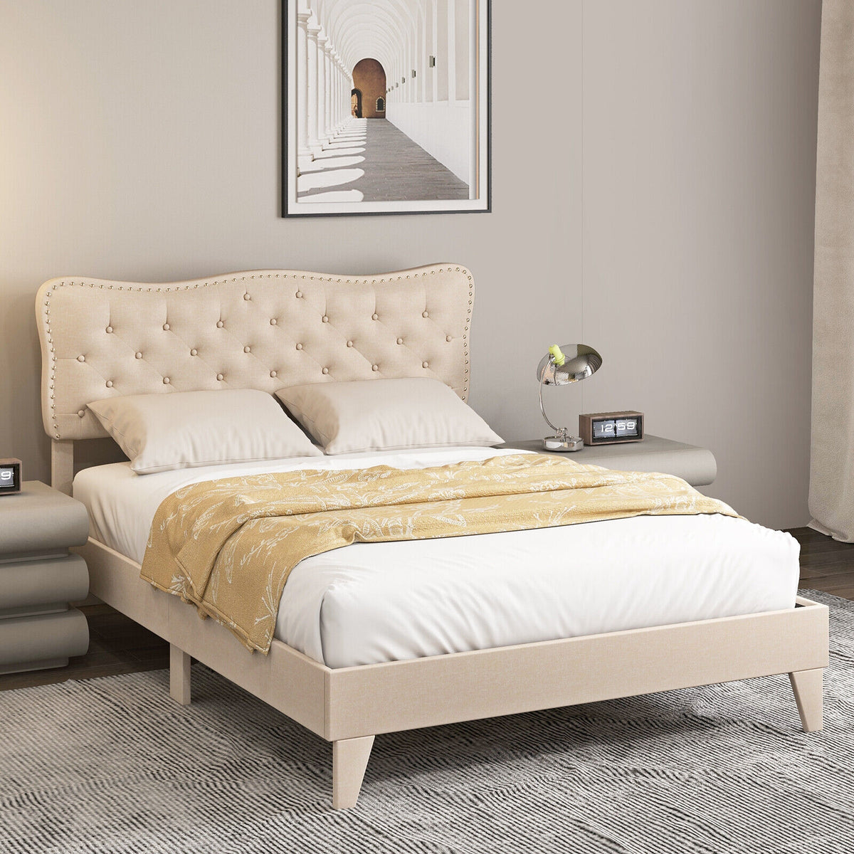 Full/Queen Size Bed Frame with Nail Headboard and Wooden Slats-Queen Size-Simple Bed Frame-DECOROLALA