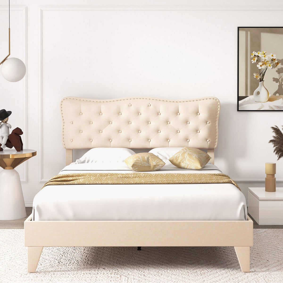 Full/Queen Size Bed Frame with Nail Headboard and Wooden Slats-Queen Size-Simple Bed Frame-DECOROLALA