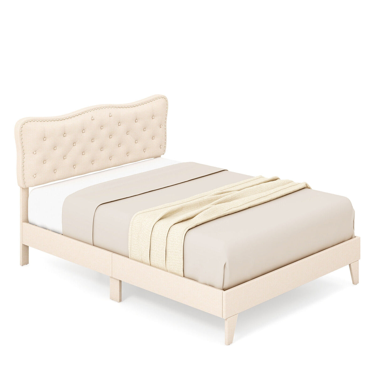 Full/Queen Size Bed Frame with Nail Headboard and Wooden Slats-Queen Size-Simple Bed Frame-DECOROLALA