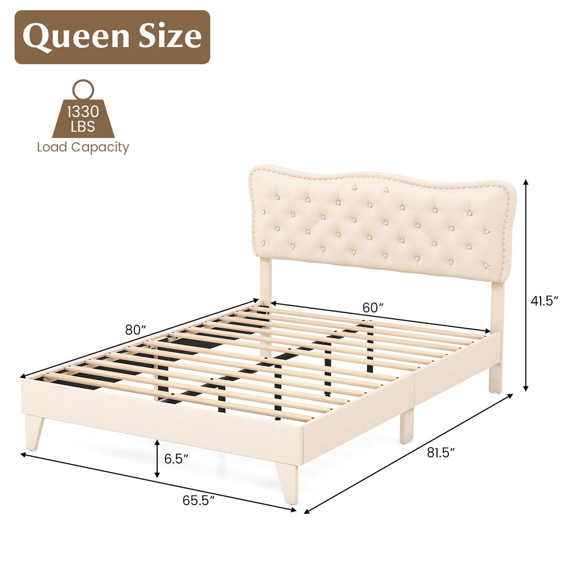 Full/Queen Size Bed Frame with Nail Headboard and Wooden Slats-Queen Size-Simple Bed Frame-DECOROLALA