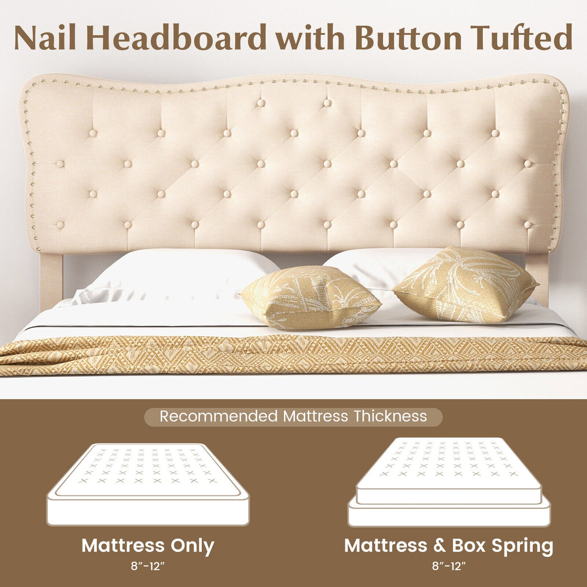 Full/Queen Size Bed Frame with Nail Headboard and Wooden Slats-Queen Size-Simple Bed Frame-DECOROLALA